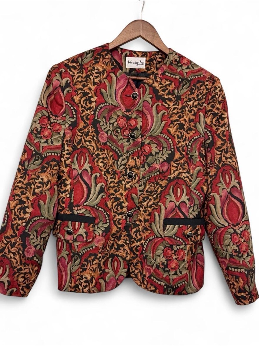 Vintage Henry Lee Womens Tapestry Brocade Collarless Jacket Blazer Baroque